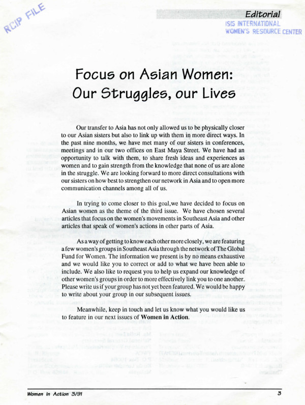 Cover of Focus on Asian Women: Our Struggles, our Lives