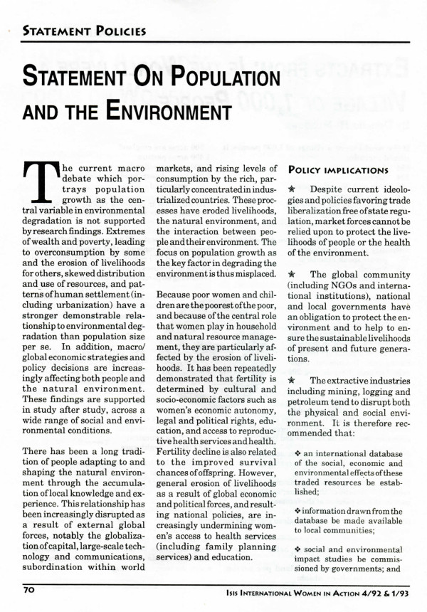 Cover of Statement on Population and the Environment