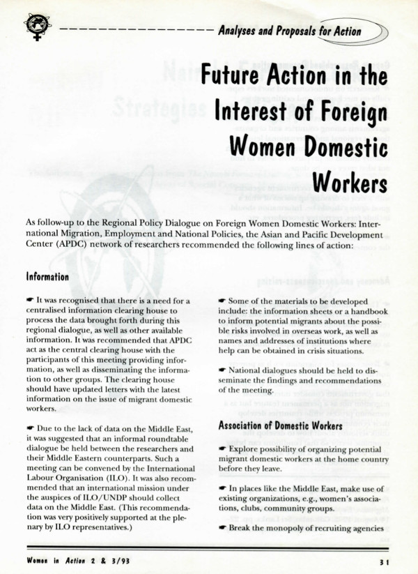 Cover of Future action in the interest of foreign women domestic workers