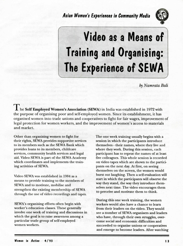 Cover of Video as a means of training and organizing: the experience of SEWA