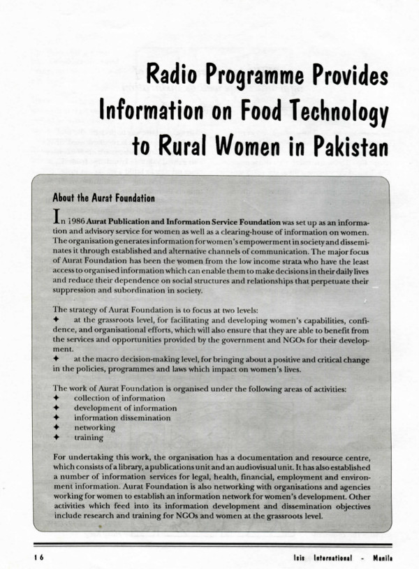 Cover of Radio programme provides information on food technology to rural women in Pakistan