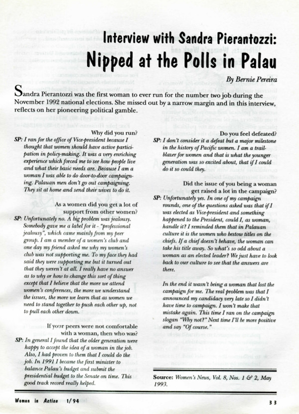 Cover of Interview with Sandra Pirantozzi: nipped at the polls in Palau