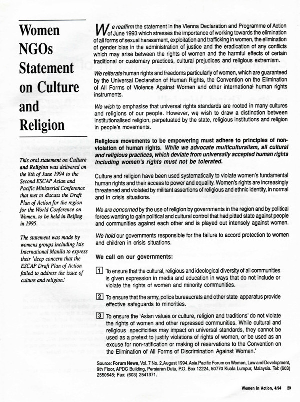 Cover of Women NGOs Statement on Culture and Religion