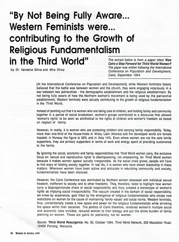 Cover of By not Being fully aware ... Western feminists were ... contributing to the growth of religious fundamentalism in the Third World