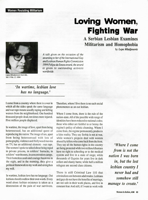 Cover of Loving women, fighting war: a Serbian lesbian examines militarism and homophobia