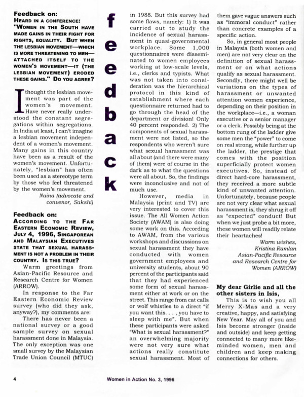 Cover of Feedback on: According to the Far Eastern Economic Review, July 4 1996, Singaporean and Malaysian executives state that sexual harassment is not a problem in their country. Is this true?