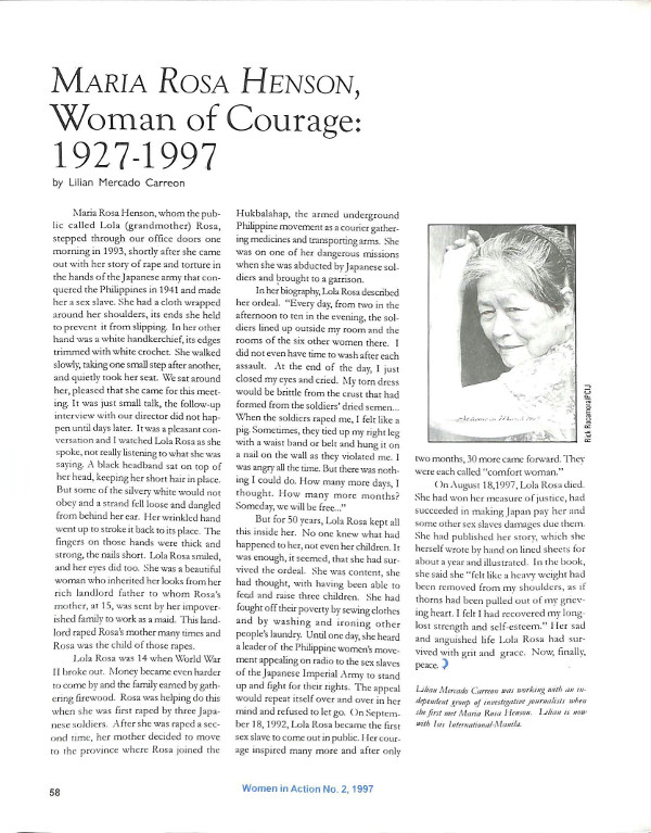 Cover of Maria Rosa Henson, women of courage: 1927-1997