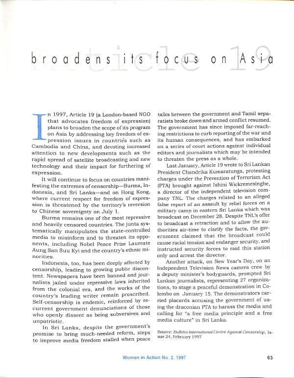 Cover of Article 19 broadens its focus on Asia