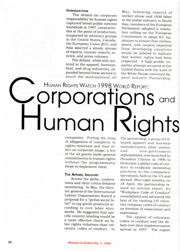 Cover of Human Rights Watch 1998 World Report: Corporations and Human Rights