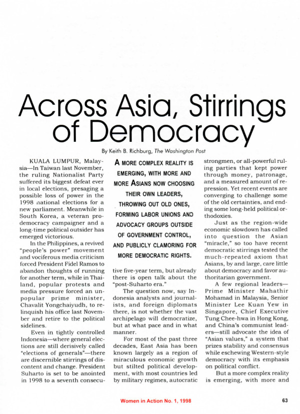 Cover of Across Asia, Stirrings of Democracy