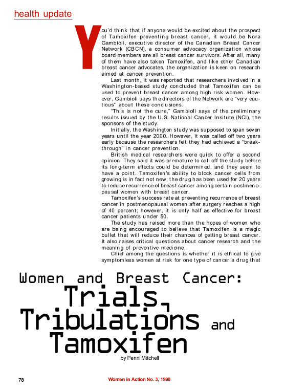 Cover of Women and breast cancer: trials, tribulations and Tamoxifen