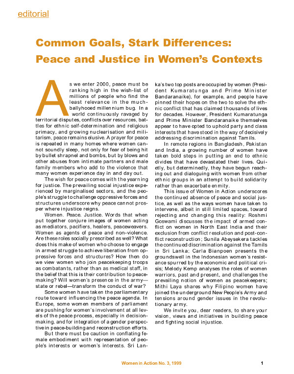 Cover of Common Goals, Stark Differences: Peace and Justice in Women's Contexts (editorial)