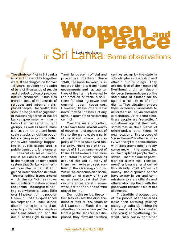 Cover of Women and peace in Sri Lanka: some observations