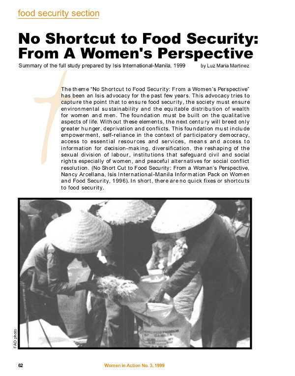 Cover of No shortcut to food security: from a woman's perspective:summary of the full study prepared by Isis International Manila