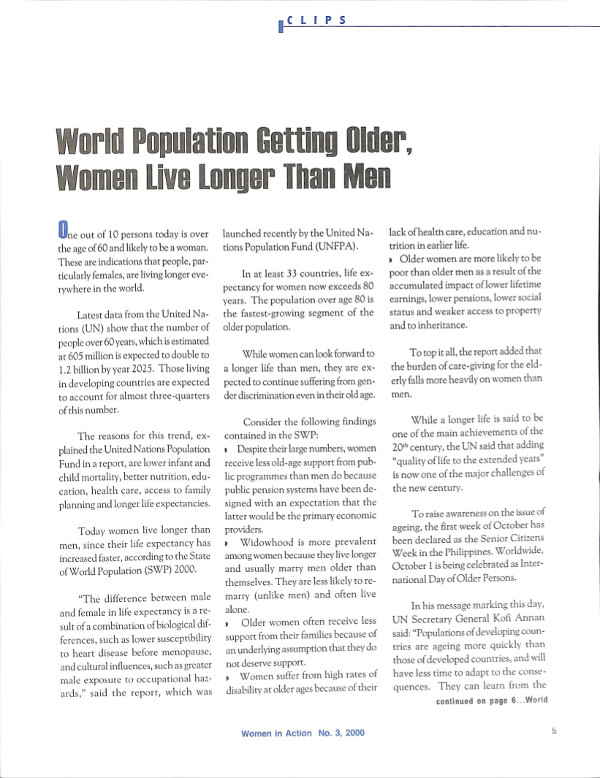 Cover of World Population Gotting Older, Women Live Longer Than Men