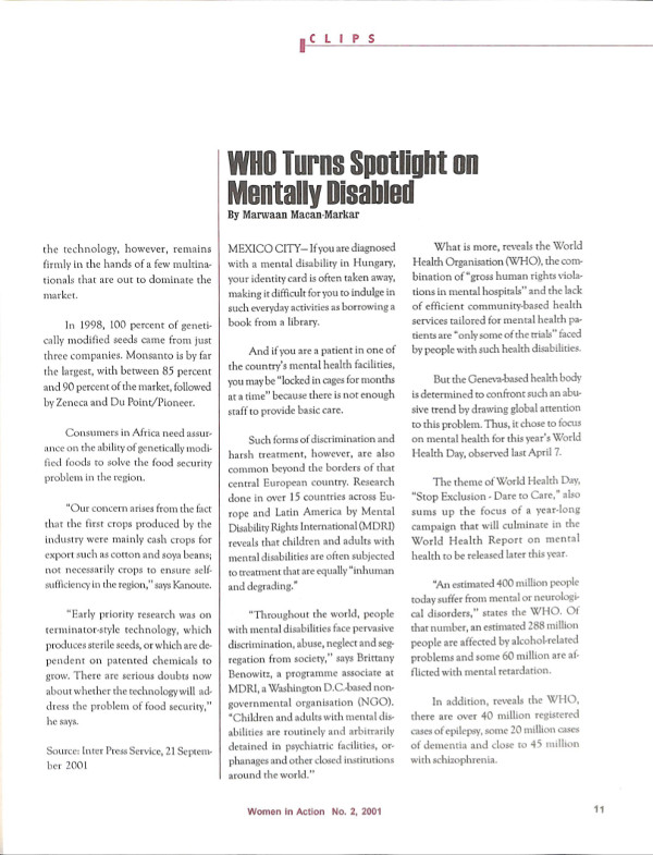 Cover of WHO Turns Spotlight on Mentally Disabled