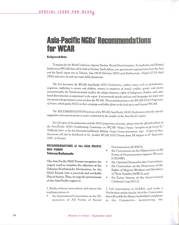 Cover of Asia-Pacific NGOs' Recommendations for WCAR