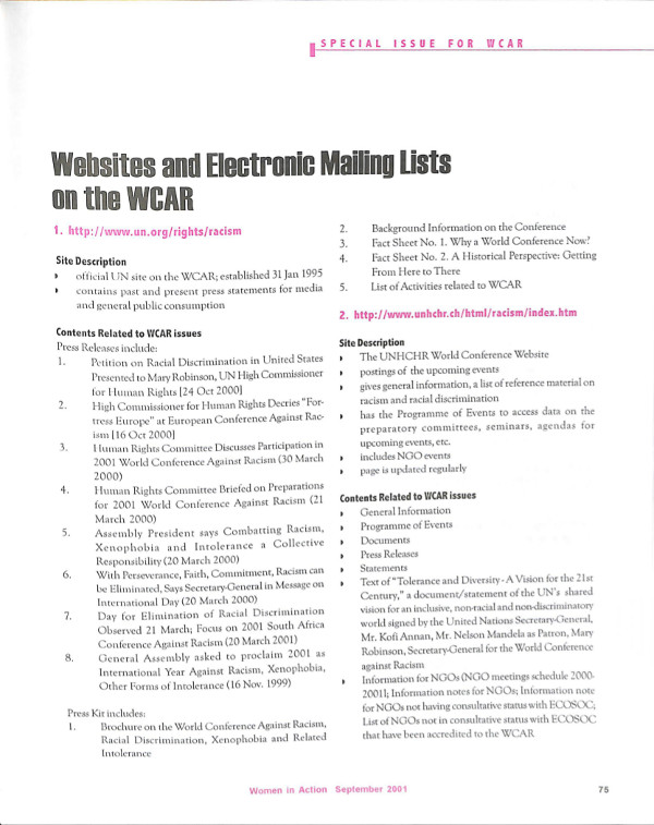 Cover of Websites and Electronic Mailing Lists on the WCAR