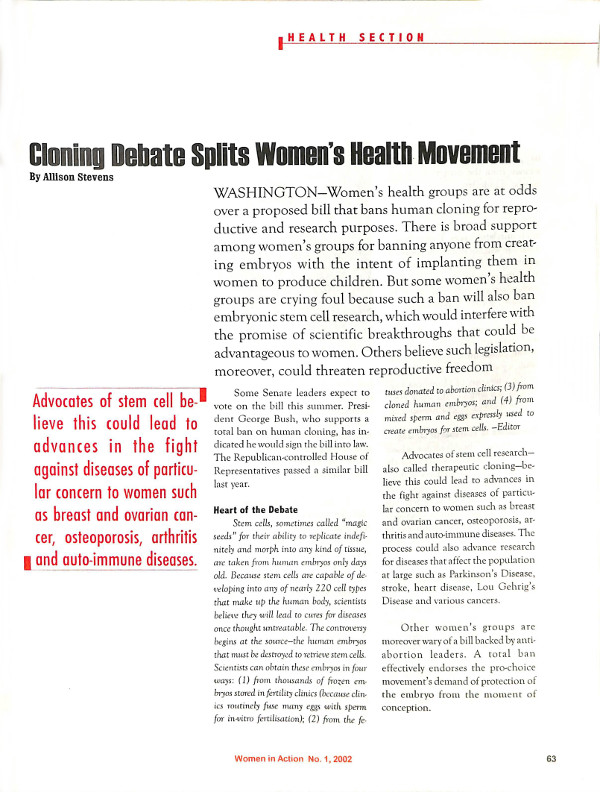 Cover of Cloning Debate Splits Women's Health Movement