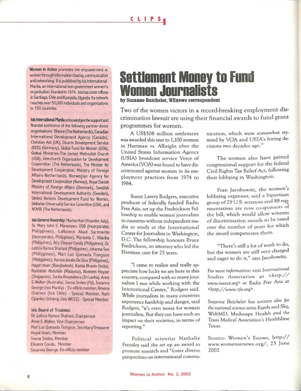 Cover of Settlement Money to Fund Women Journalists