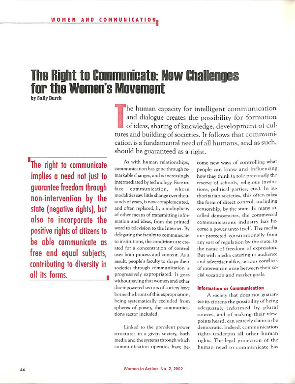 Cover of The Right to Communicate: New Challenges for the Women's Movement