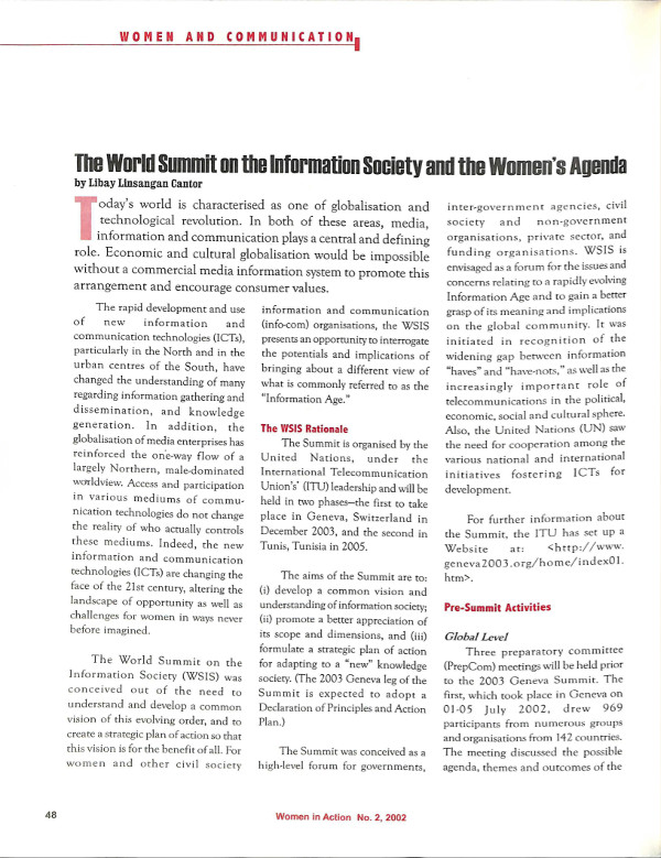 Cover of The World Summit on the Information Society and the Women's Agenda