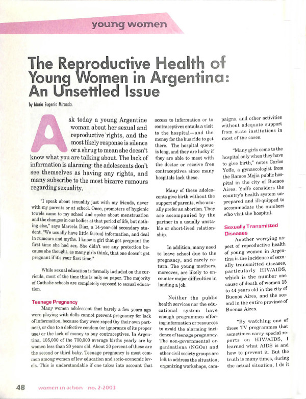 Cover of The Reproductive Health of Young Women in Argentina: An Unsettled Issue