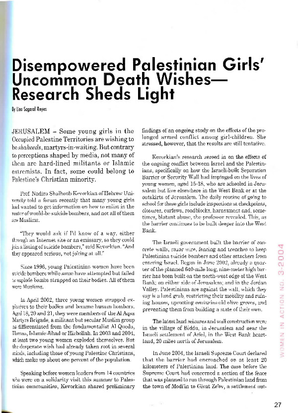 Cover of Disempowered Palestenian Girls' Uncommon Death Wishes - Research Sheds Light