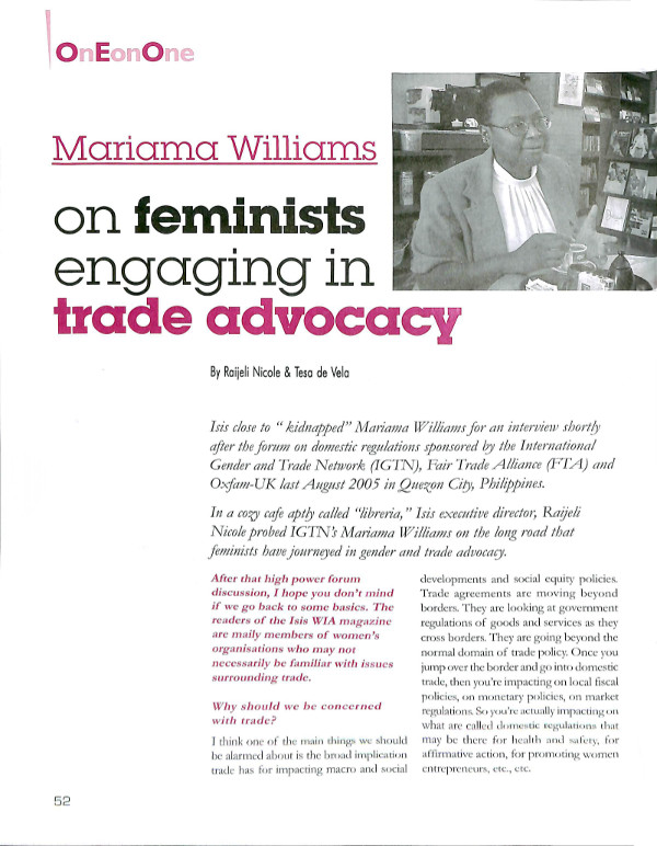 Cover of Mariama Williams on feminists engaging in trade advocacy