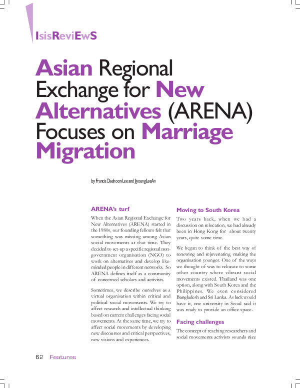 Cover of Asian Regional Exchange for New Alternatives (ARENA) Focuses on Marriage Migration